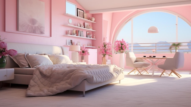 c'è un letto in una stanza con una parete rosa e una finestra generativa ai
