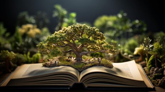 C'è un libro con un albero in miniatura sopra di esso generativo ai