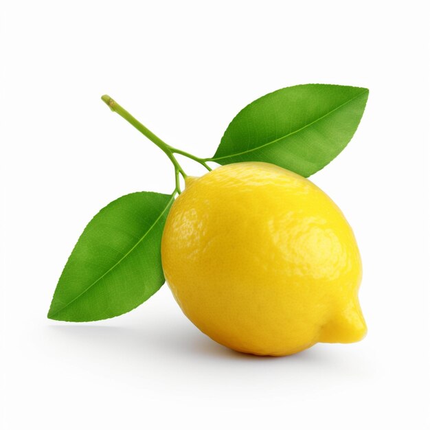 C'è un limone con una foglia su di esso su una superficie bianca generativa ai