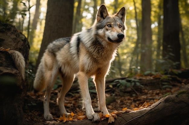 C'è un lupo in piedi su un tronco nel bosco generativo ai