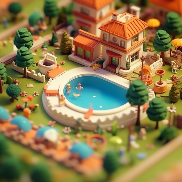 C'è un modello in miniatura di una casa con una piscina e un giardino generativo ai