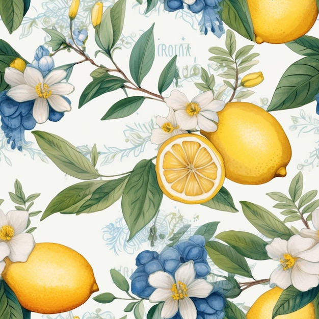 C'è un motivo di limoni e fiori su uno sfondo bianco generativo ai