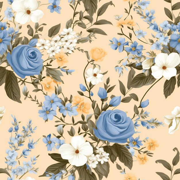 c'è un motivo floreale con rose blu e fiori bianchi ai generativi