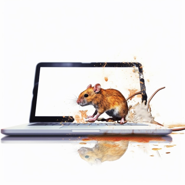 C'è un mouse che è seduto su un computer portatile ai generativo