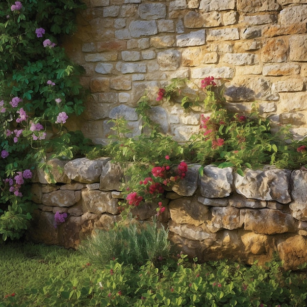 C'è un muro di pietra con fiori che crescono su di esso generativo ai