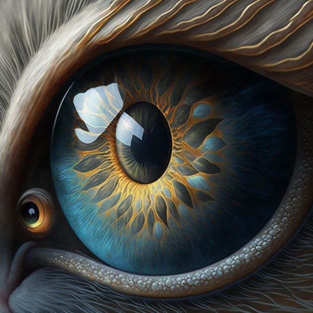 C'è un occhio di gatto con un'iride generativa d'oro e blu