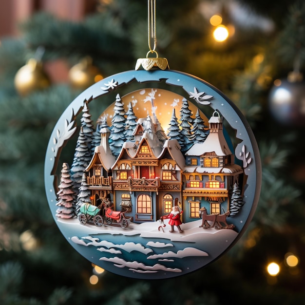 C'e' un ornamento di Natale con una casa e una slitta su di esso.