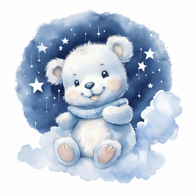 C'è un orsacchiotto bianco seduto su una nuvola con stelle generative ai
