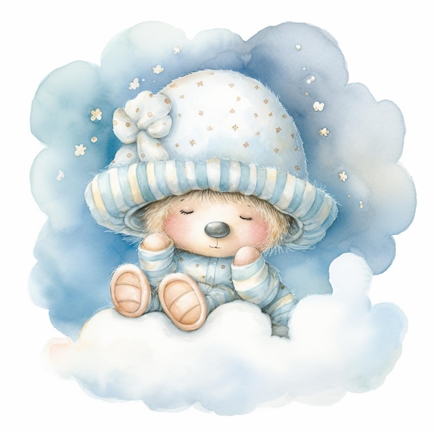 c'è un orsacchiotto che indossa un cappello e si siede su una nuvola generativa ai