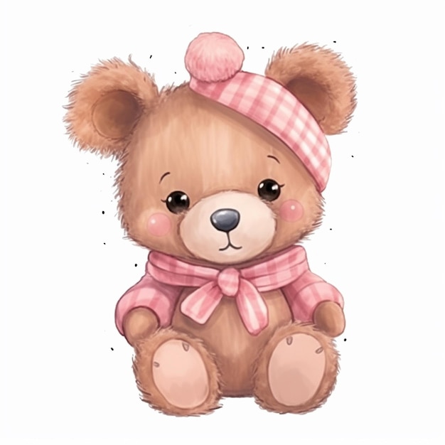C'è un orsacchiotto marrone che indossa un cappello rosa e una sciarpa generativa ai