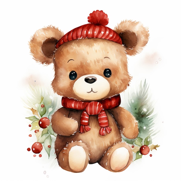 c'è un orsacchiotto marrone che indossa una sciarpa rossa e un cappello rosso generativo ai
