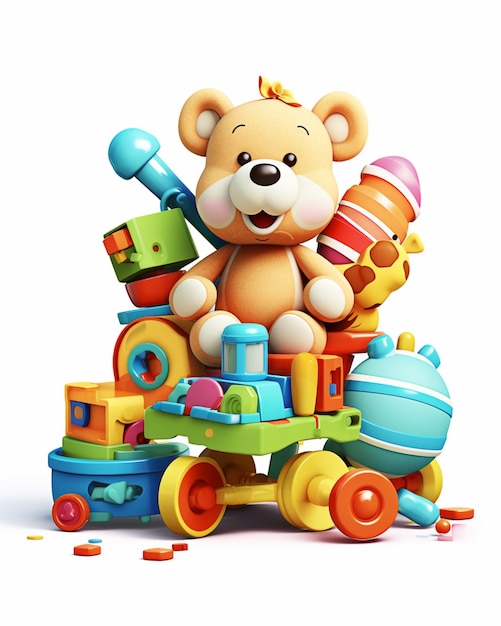 C'è un orsacchiotto seduto su un trenino con molti giocattoli generativi ai