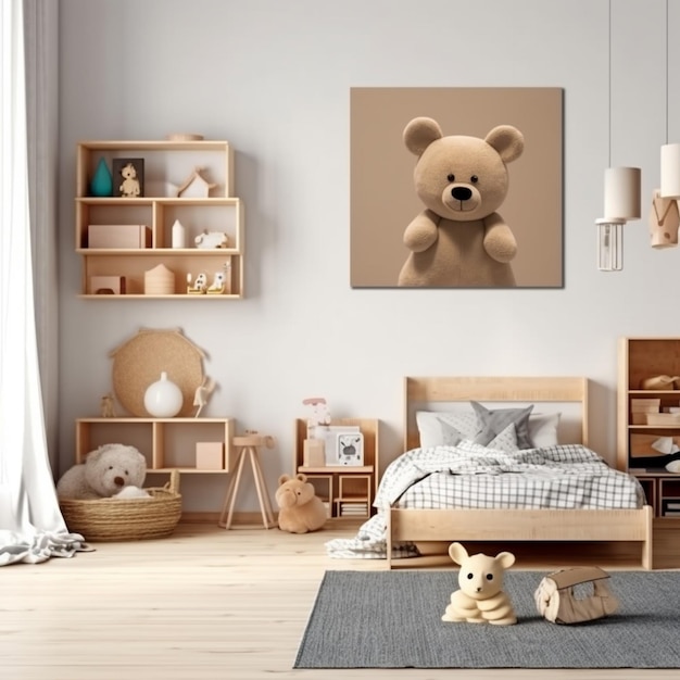 c'è un orsacchiotto seduto sul pavimento in una camera da letto generativa ai