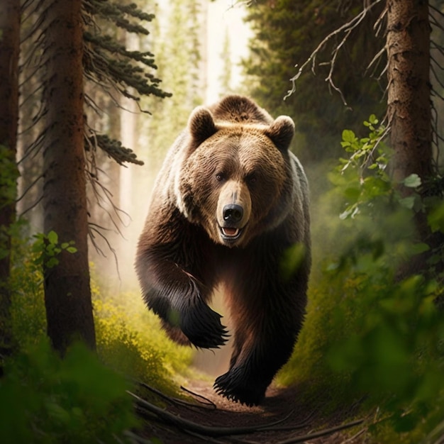 C'è un orso che cammina attraverso il bosco generativo ai