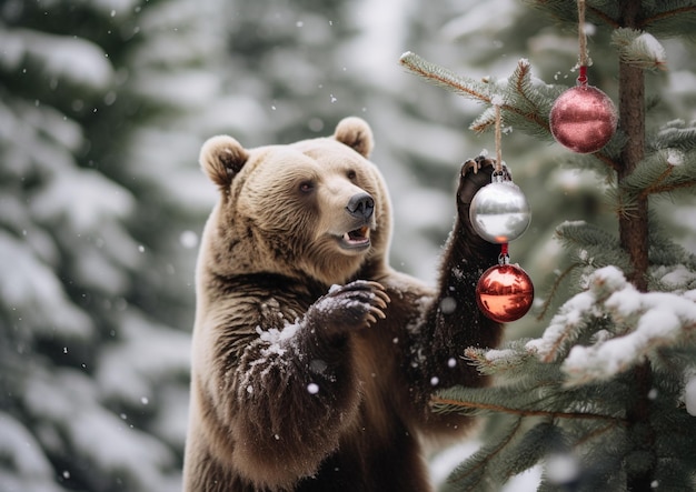 c'è un orso che tiene un ornamento di Natale generativo ai