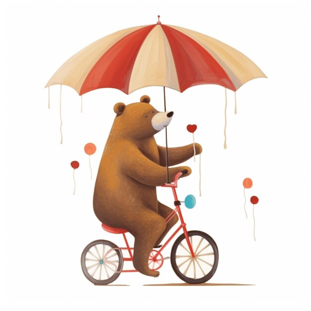 C'è un orso che va in bicicletta con un ombrello.