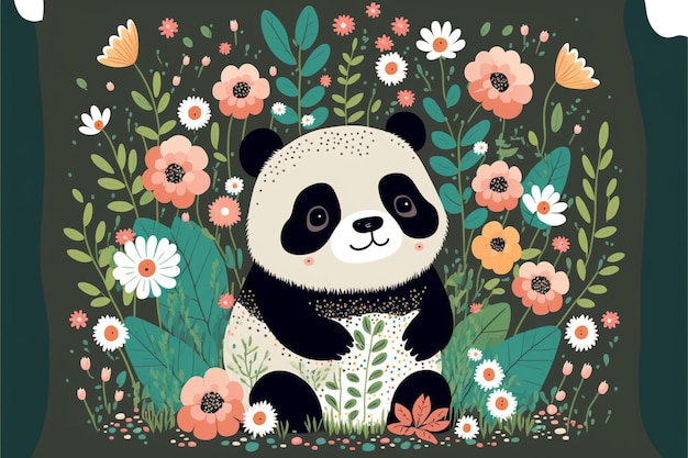 c'è un orso panda seduto nell'erba circondato da fiori generativo ai