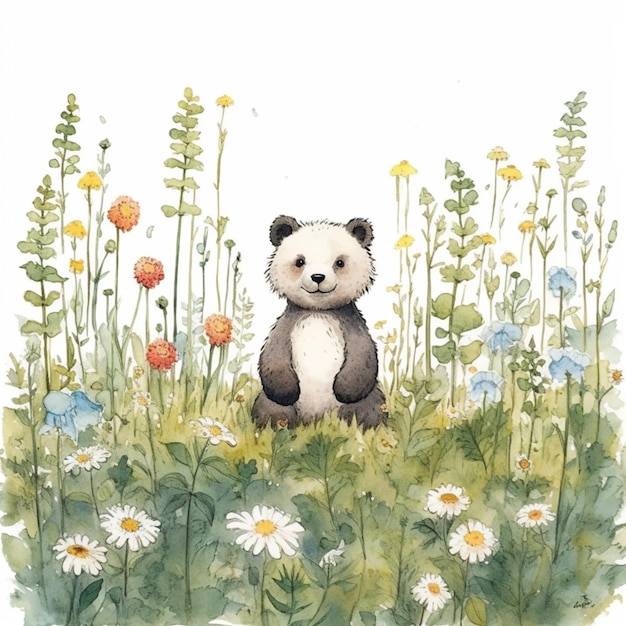 C'è un orso panda seduto nell'erba con fiori generativi ai