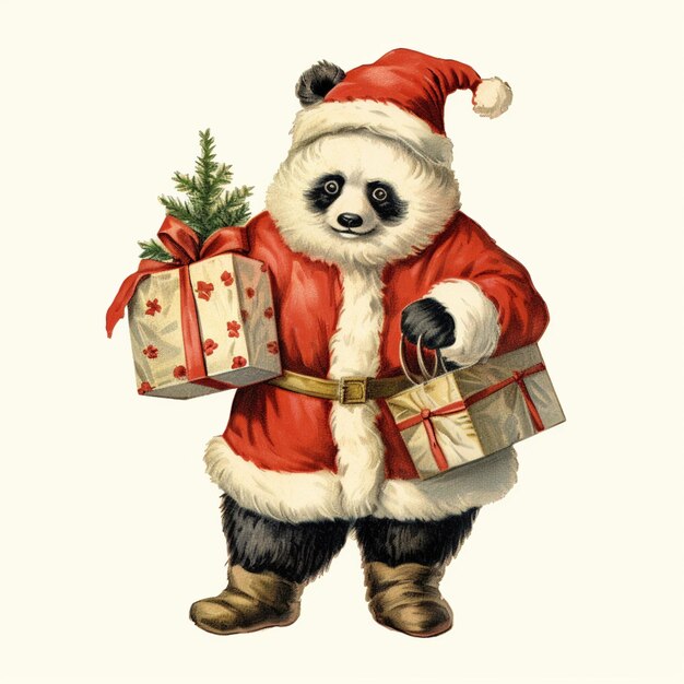 c'è un orso panda vestito con un abito da Babbo Natale che tiene in mano un regalo ai generativo