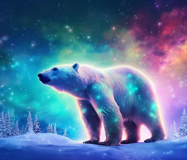 c'è un orso polare in piedi nella neve con un cielo colorato generativo ai