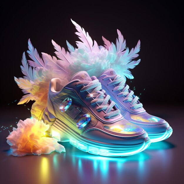 C'è un paio di scarpe da ginnastica con luci su di loro e piume generative ai