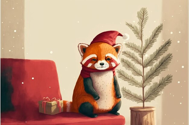 C'è un panda rosso seduto su una sedia rossa accanto a un albero di Natale generativo ai