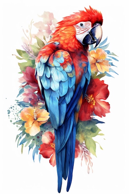 C'è un pappagallo colorato con una testa rossa e ali blu generativo ai