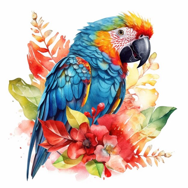 C'è un pappagallo colorato seduto su un ramo con fiori generativi ai