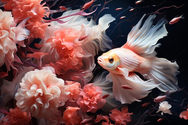 c'è un pesce che sta nuotando in una ciotola di fiori generativo ai