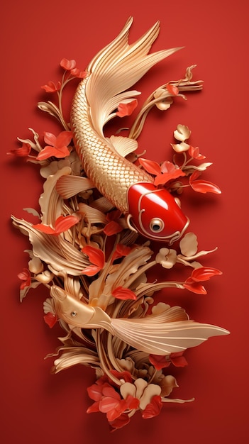 C'è un pesce rosso con foglie rosse e bianche su di esso generativo ai
