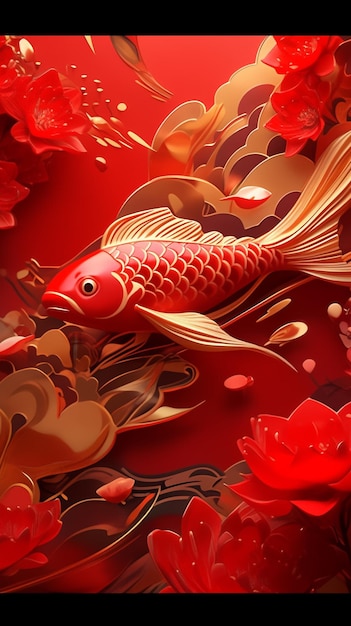 C'è un pesce rosso e oro con fiori su di esso generativo ai