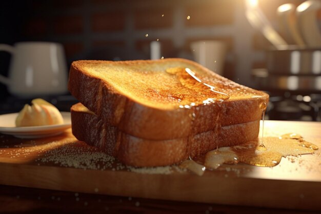 C'è un pezzo di pane su un tagliere con burro ai generativo