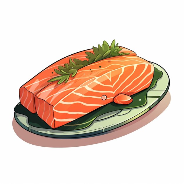 C'è un pezzo di salmone su un piatto con un ramo di prezzemolo generativo ai