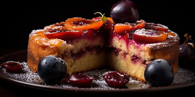 C'è un pezzo di torta con frutta su un piatto generativo ai