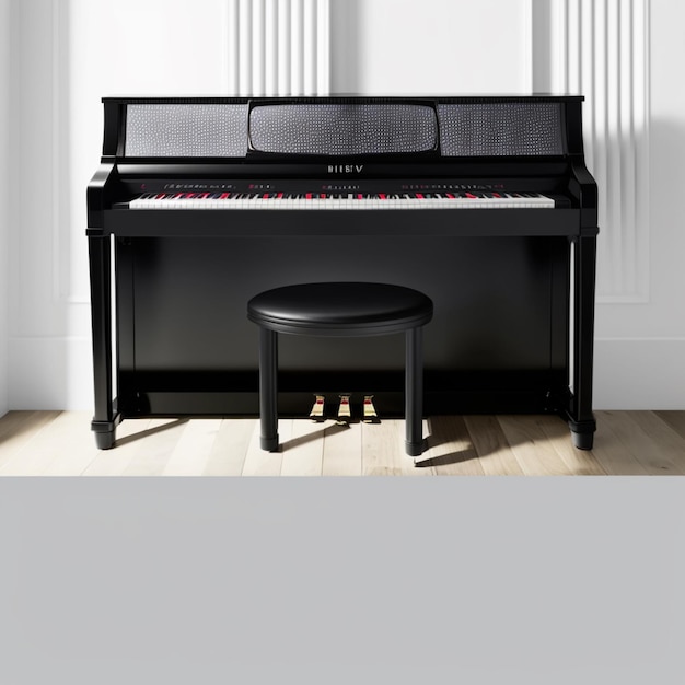 C'è un pianoforte e uno sgabello in una stanza con una parete bianca generativa ai