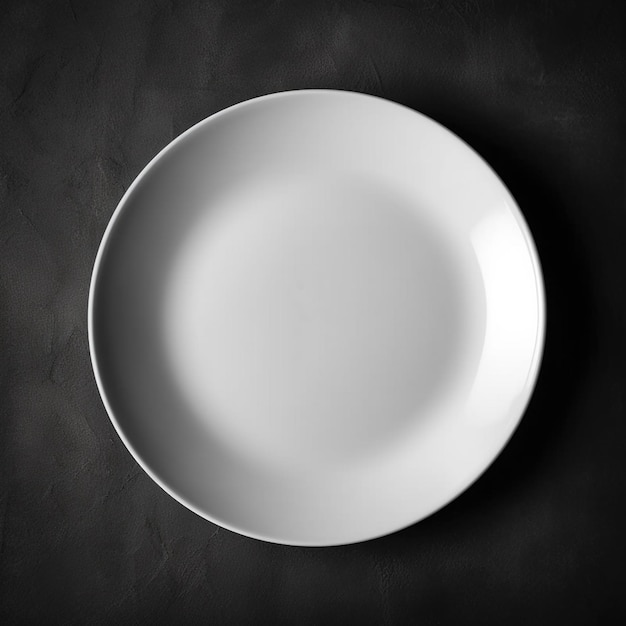 C'è un piatto bianco su un tavolo nero con una forchetta e un coltello generativo ai