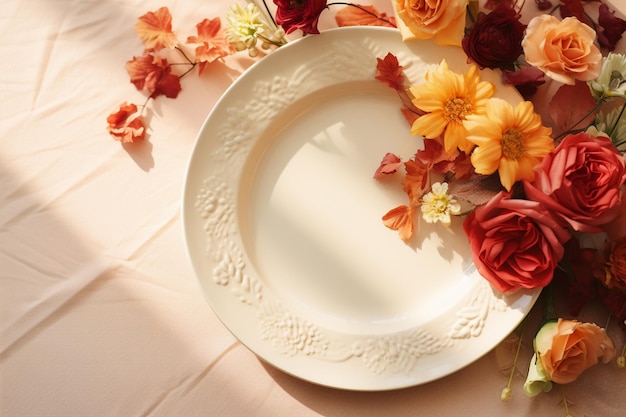 c'è un piatto con dei fiori sopra su un tavolo ai generativo