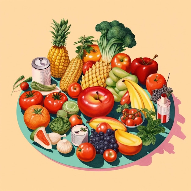 C'è un piatto di frutta e verdura su un tavolo generativo ai