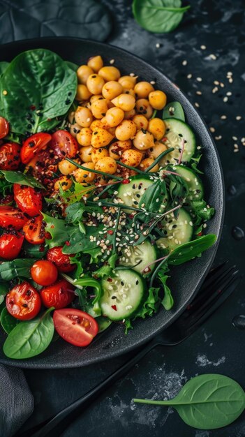 C'è un piatto di insalata con ceci, pomodori, cetrioli e spin