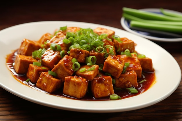 C'è un piatto di tofu con cipolle verdi e sedano generativo ai