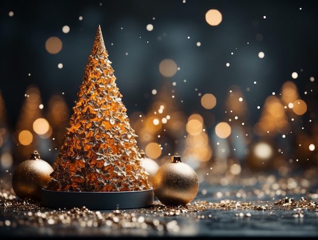 C'è un piccolo albero di natale con ornamenti d'oro su un tavolo generativo ai