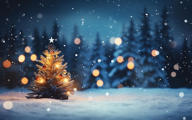 C'è un piccolo albero di Natale nella neve con luci generative ai