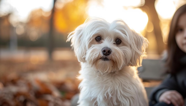 c'è un piccolo cane bianco seduto su una panchina accanto a una bambina generativa ai