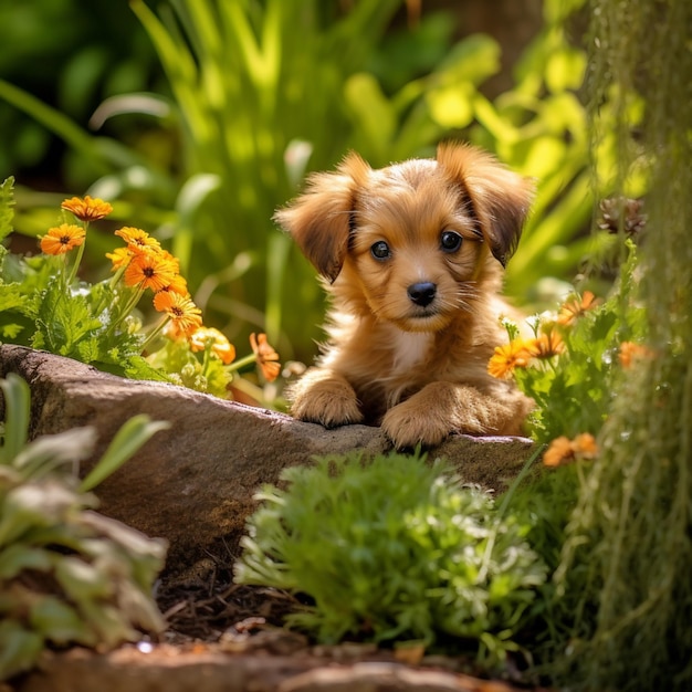 C'è un piccolo cane che è seduto su una roccia generativa ai