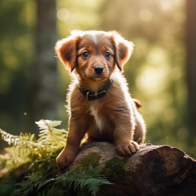 C'è un piccolo cane marrone seduto su un tronco nel bosco generativo ai