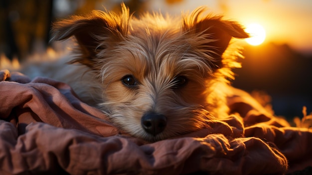c'è un piccolo cane sdraiato su una coperta con il sole che tramonta sullo sfondo