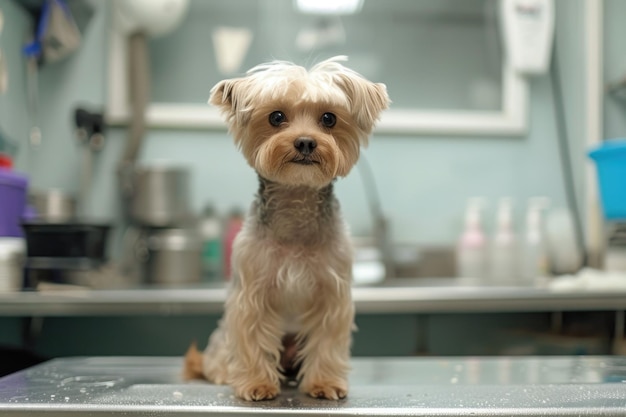 C'è un piccolo cane seduto su un tavolo in una stanza.