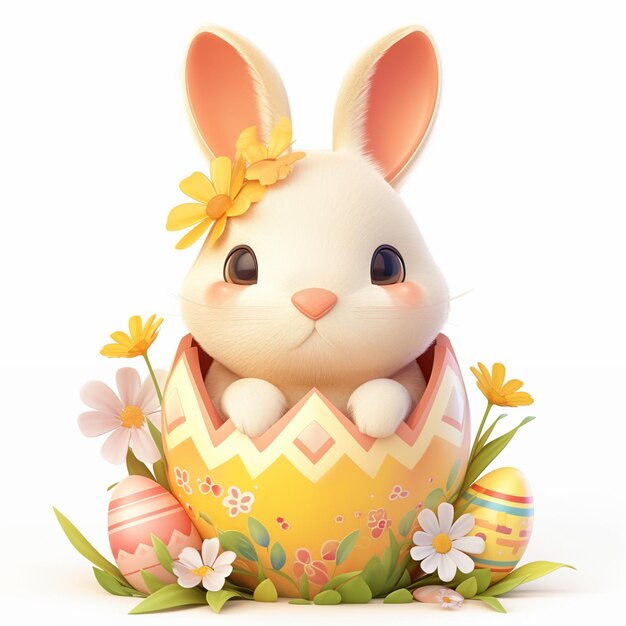 c'è un piccolo coniglietto bianco seduto all'interno di un uovo decorato generativo ai