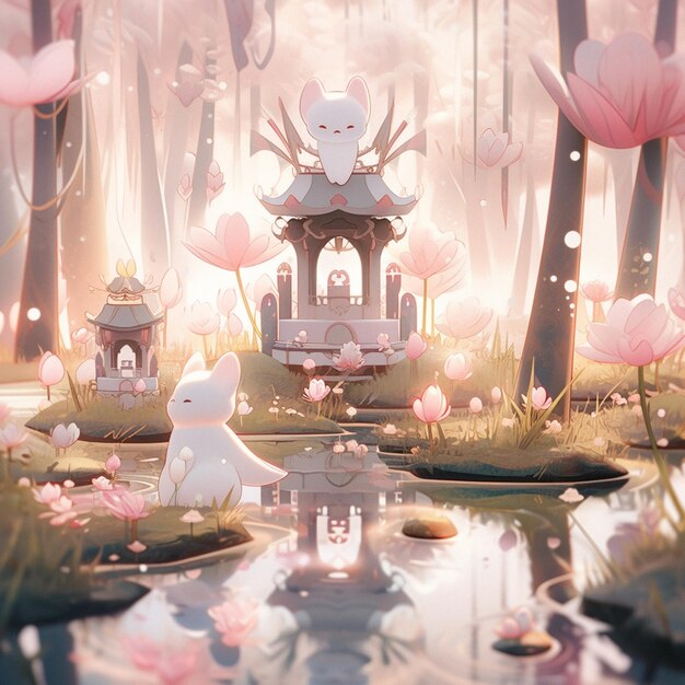 c'è un piccolo coniglio bianco seduto in uno stagno circondato da fiori generativi ai
