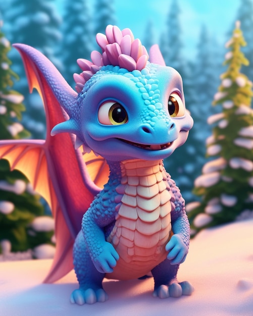 C'è un piccolo drago blu con una testa rosa e ali generative ai